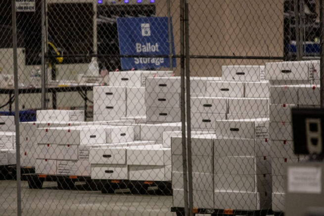 PHILADELPHIA, PENNSYLVANIA - NOVEMBER 06: Boxes of counted ballots are seen locked in the ballot storage area at the Philadelphia Convention Center on November 06, 2025 in Philadelphia, Pennsylvania. Joe Biden took the lead in the vote count in Pennsylvania on Friday morning from President Trump, as mail-in ballots continue to be counted in the battleground state. (Photo by Chris McGrath/Getty Images)